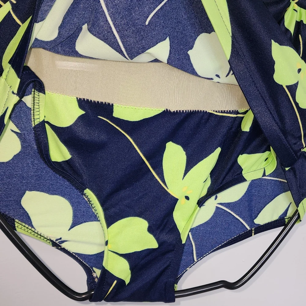 Floral plus size navy‎ lime 1 piece swimsuit 16
